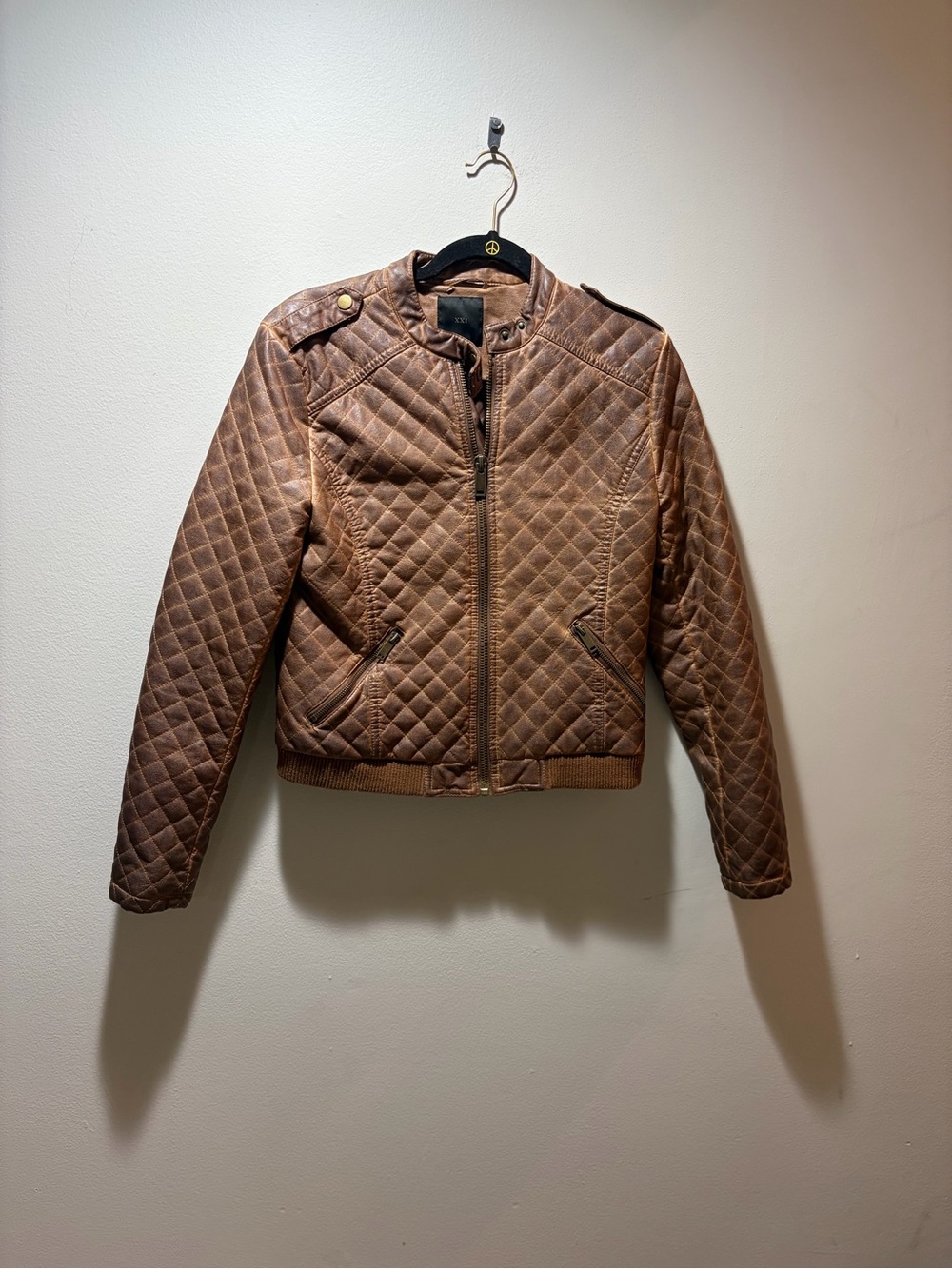 Forever 21 Quilted Brown Faux Leather Bomber Jacket